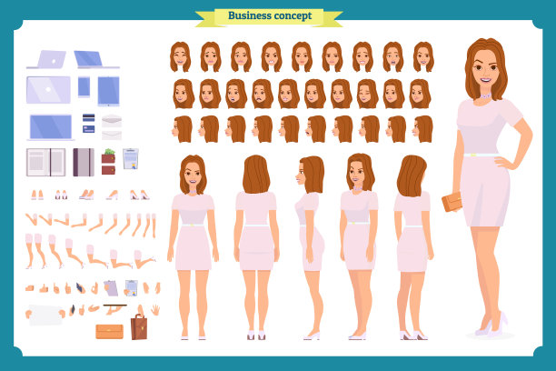 旅游女性、度假旅行者人物塑造集。全长，观点，情绪，手势，棕褐色的肤色，白色的背景。图片下载