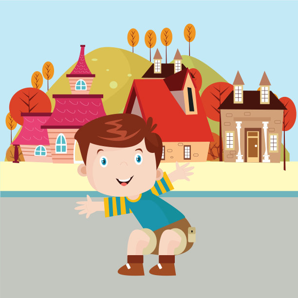 可爱的小男孩看起来开心愉快，是一个在秋天的村庄里玩耍的卡通人物图片下载