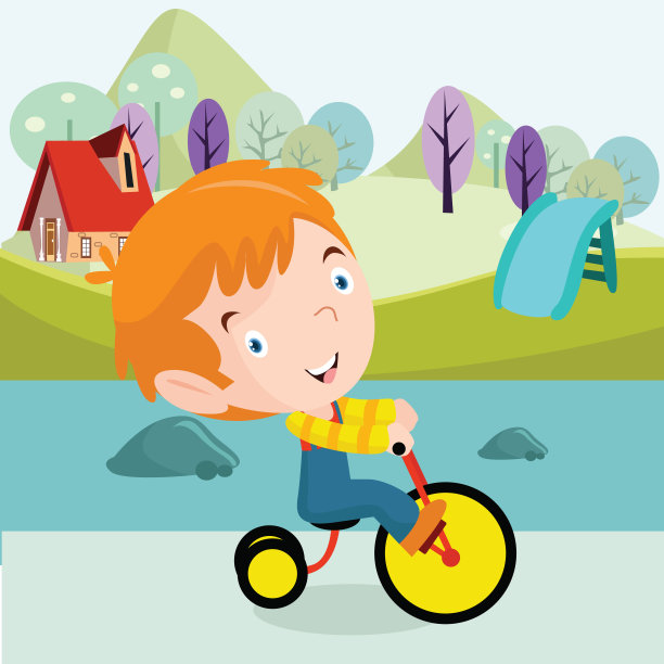 可爱的小男孩看起来很开心，在河边或湖边骑着三轮车，卡通人物图片下载
