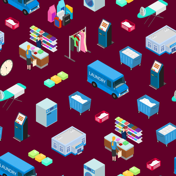 洗衣无缝模式背景3d等距视图。向量图片下载