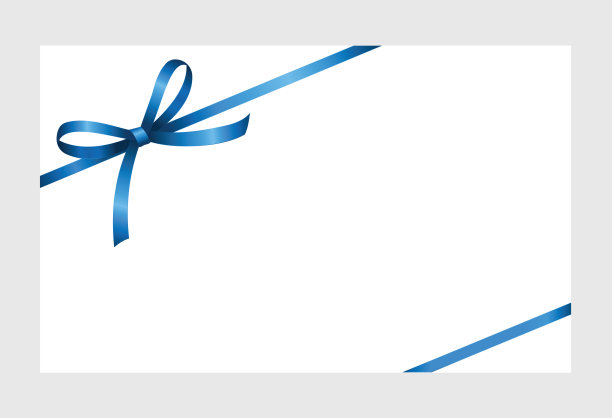 邀请，问候或礼品卡与蓝色丝带和一个蝴蝶结在白色的背景。礼品券模板与文本的地方。图片下载