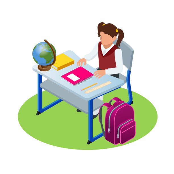 等距的教育概念。女孩做作业，坐着写。女学生正在学习功课。矢量插图。图片下载