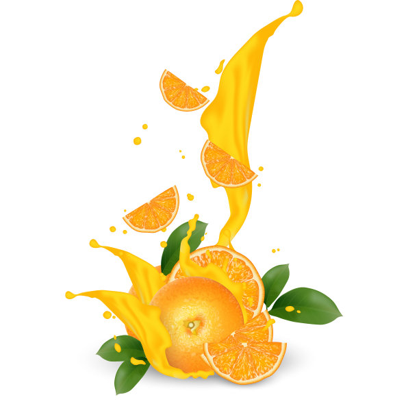 果汁、牛奶、酸奶、橙片飞溅。橙色的叶子。橘汁喷溅包装模板。片下降。图片下载