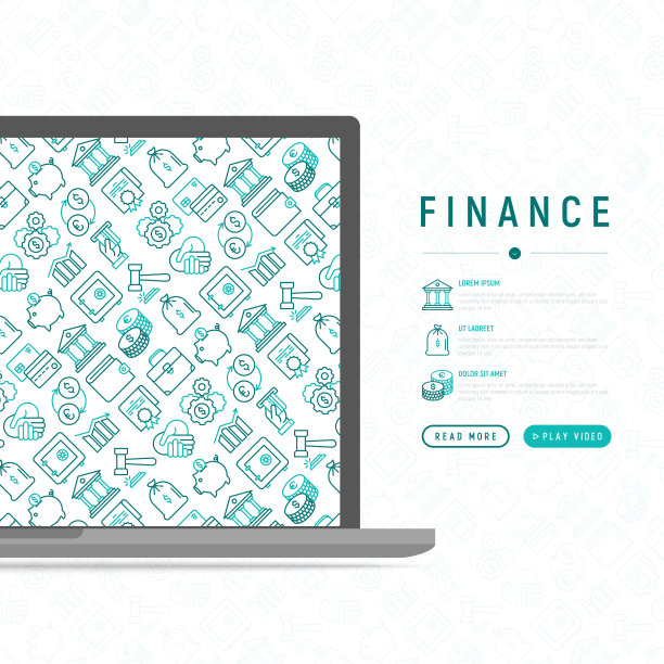 金融概念与细线图标:保险箱，信用卡，储蓄罐，钱包，货币兑换，锤子，协议，握手，ATM插槽。现代矢量插图横幅，网页，印刷媒体。图片下载