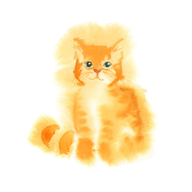 水彩插图孤立的白色背景。这只姜黄色毛茸茸的绿眼睛的猫坐在那里素材图片