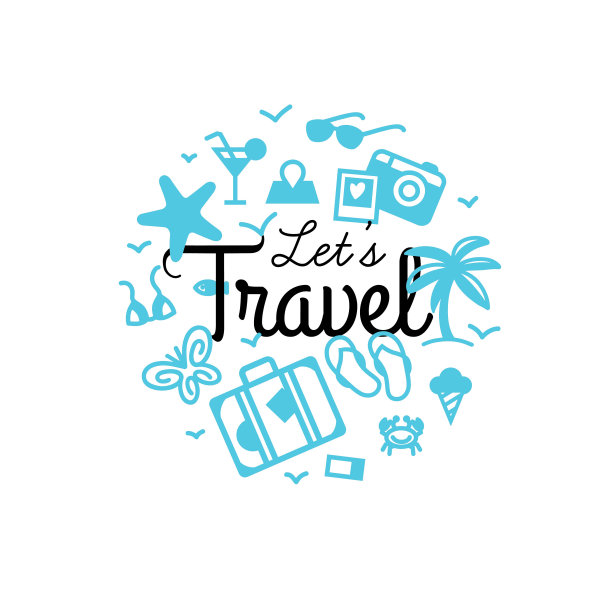 旅游概念-手绘字母与夏季图标在圆圈在线性风格。图片下载