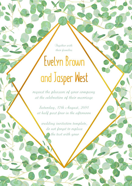 典雅的婚礼请柬喜庆贺卡，证书用桉树绿色的树叶和树枝在一个金钻石形的框架里孤立。垂直图片下载