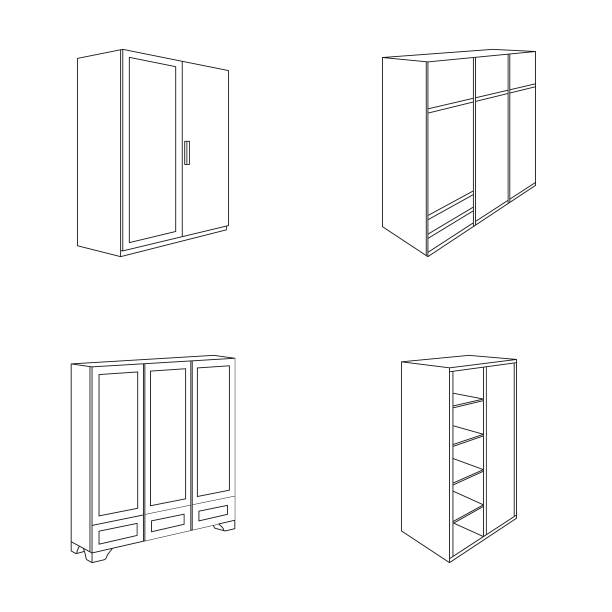 带镜子的衣柜，衣柜，带夹层的架子。卧室家具集合图标在轮廓风格向量符号股票插图网。图片下载