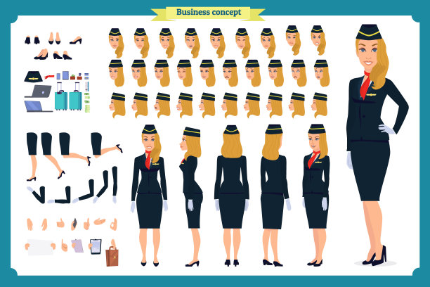 女性人物创造集。空姐，空姐。图标与不同类型的脸和发型，情绪，正面，背面。图片下载