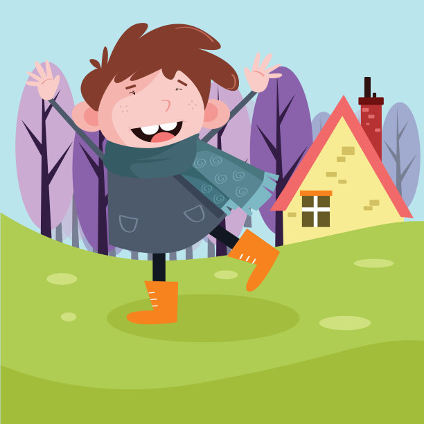 可爱的小男孩看起来很开心，正走在房子附近的绿色草地上，卡通人物图片下载