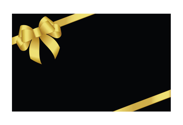 邀请，问候或礼品卡与金色丝带和一个蝴蝶结在黑色的背景。礼品券模板与文本的地方。图片下载