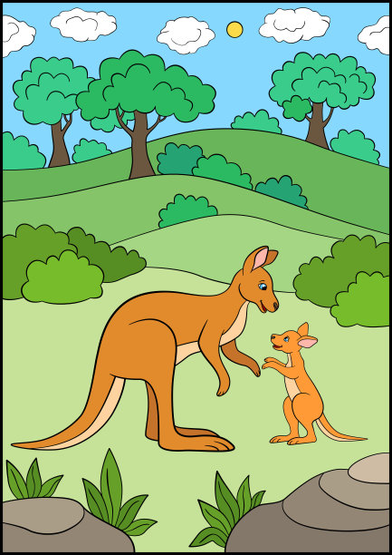 卡通动物。袋鼠妈妈和她可爱的小婴儿。图片下载