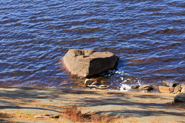 美丽的自然景观景观。湖岸上的大石头。深蓝色波浪状的水面。美丽的自然背景。图片下载