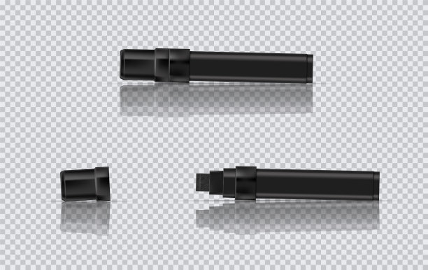 黑色标记现实向量插图。在透明背景上带有反射和阴影的宽标记。图片下载