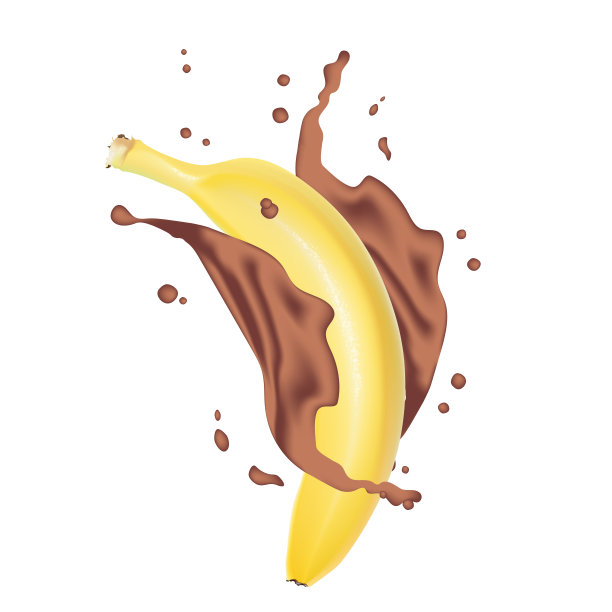 香蕉水果的新鲜飞溅的鸡尾酒。3d现实黄色成熟香蕉孤立在白色背景包装或网页设计。牛奶巧克力飞溅。向量图片下载