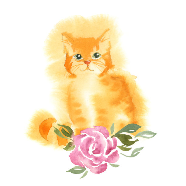水彩姜黄色猫咪玫瑰插画素材图片