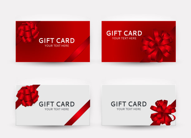 礼品卡模板集合与蝴蝶结和丝带矢量插图图片下载