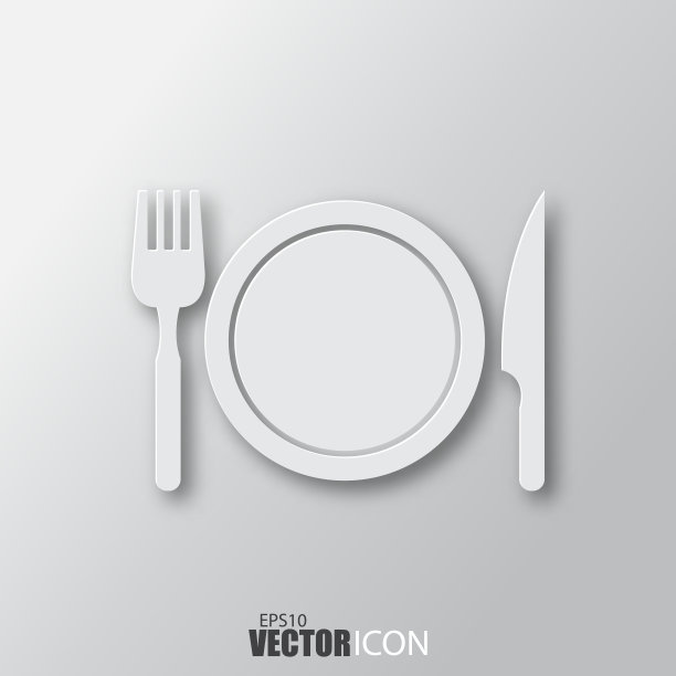 盘子，刀和叉图标在白色风格与阴影孤立在灰色背景。图片下载