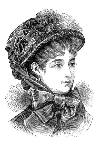 年轻时尚的女人与毛绒帽子与羽毛-维多利亚雕刻图片下载