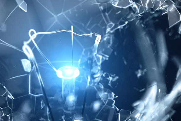 3D插图爆炸灯泡在蓝色背景，与概念创意思维和创新的解决方案。图片下载