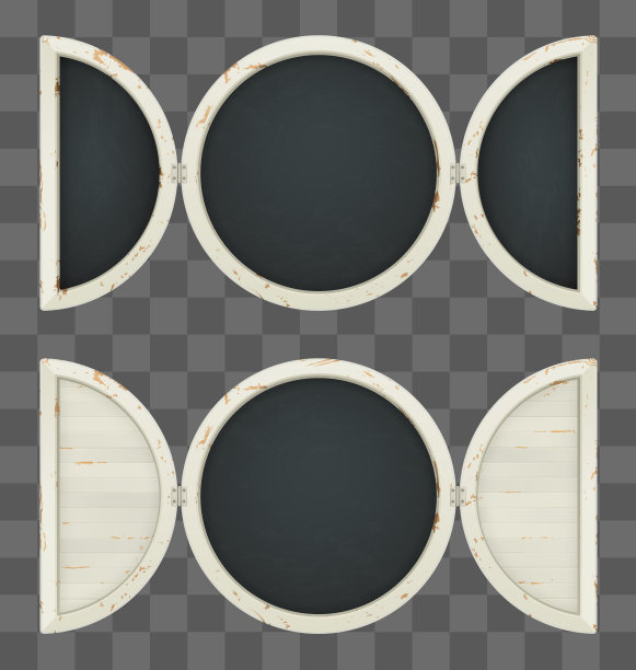 带百叶窗的白色圆形黑板。宽阔的复古木框架。饮料，鸡尾酒的招牌。图片下载