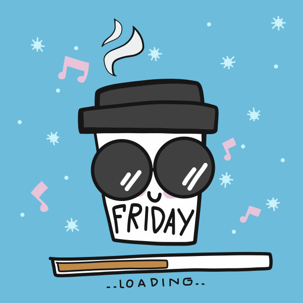 周五装可爱咖啡杯戴墨镜卡通涂鸦矢量图片下载