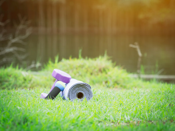 健康的生活方式和户外概念从近距离的运动对象与鞋哑铃和yoka垫子在草地上复制空间和公园与湖泊背景图片下载