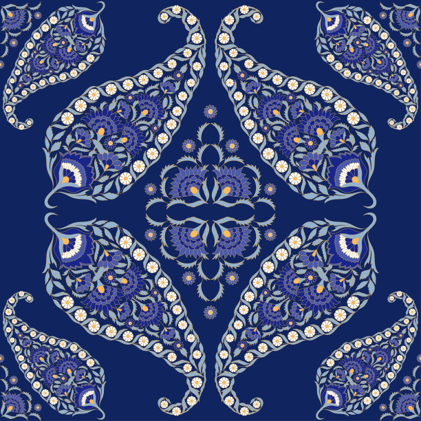 花卉印度涡纹矢量无缝。古花民族饰品，用于丝巾印花织物。东方设计的经典卧室纺织品，瑜伽墙纸，印度豪华婚礼。图片下载