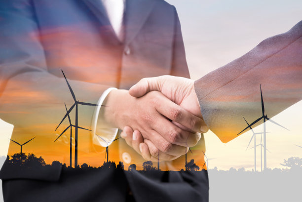 双曝业务握手合作伙伴关系与风力发电机厂背景图片下载