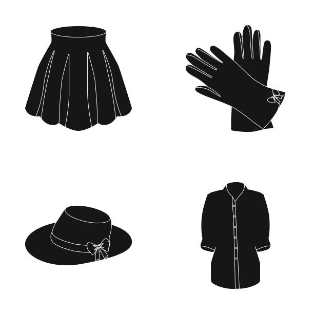 褶裙，皮手套，带蝴蝶结的女帽，衬衫系扣。女装集合图标在黑色风格向量符号股票插图web图标。图片下载