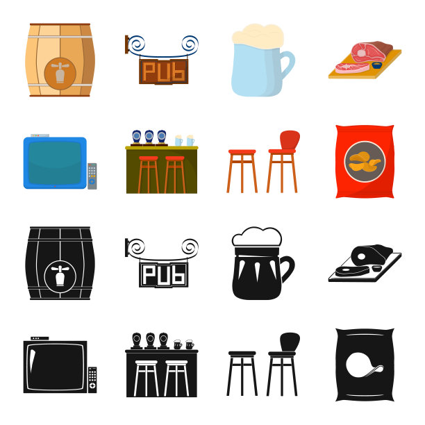 电视，吧台，椅子和扶手椅，薯片。酒吧集合图标在黑色，卡通风格向量符号股票插图网。图片下载