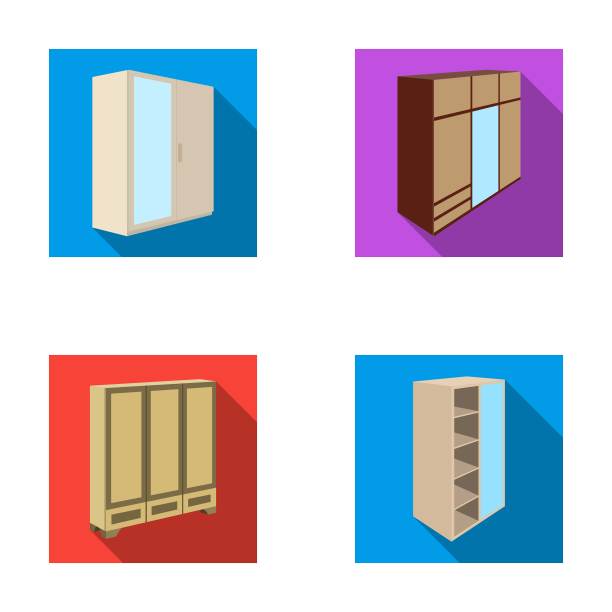 带镜子的衣柜，衣柜，带夹层的架子。卧室家具集合图标在平面风格向量符号股票插图网。图片下载