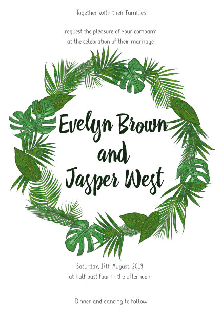 婚礼请柬，花卉请柬卡设计与绿色热带森林棕榈树叶，森林蕨类植物绿叶简单，圆边印花。向量可爱的花园问候图片下载