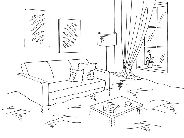 泛滥客厅图形黑白家居室内素描插图矢量图片下载