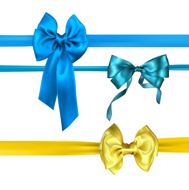 黄色和蓝色缎子蝴蝶结孤立在白色。图片下载