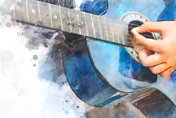 抽象美丽的弹吉他在前景上的水彩画背景和数字插图的笔刷艺术。图片下载