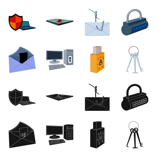 病毒，监视器，显示，屏幕。黑客和黑客集合图标在黑色，卡通风格向量符号股票插图web。图片下载