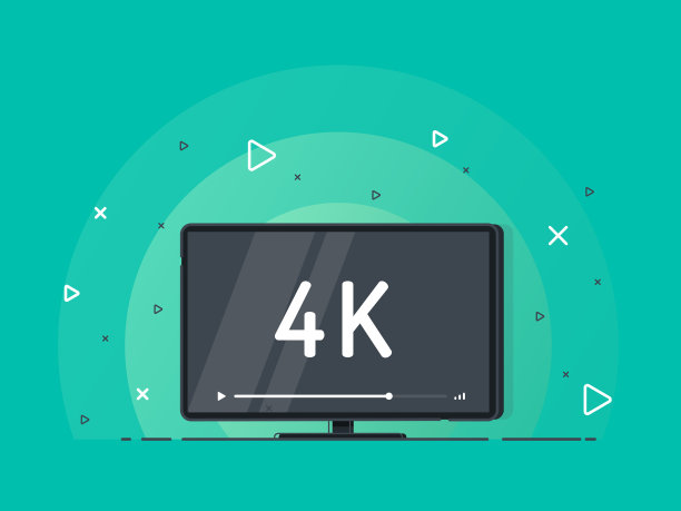 平板电视与4k超高清视频技术。LED电视显示在绿色背景与高清晰度数字技术符号。矢量插图。图片下载