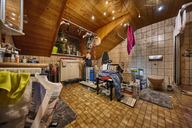 有瓷砖地板和墙壁和木制天花板的老式浴室图片下载