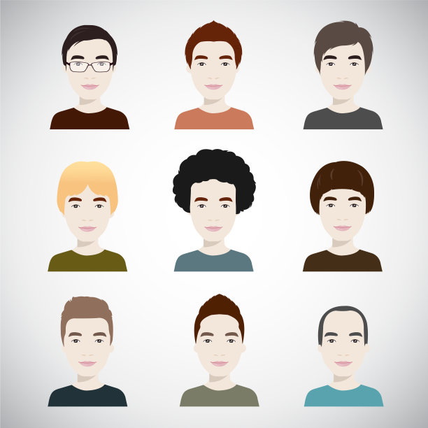 年轻帅气的男子配各种发型，插画向量图片下载