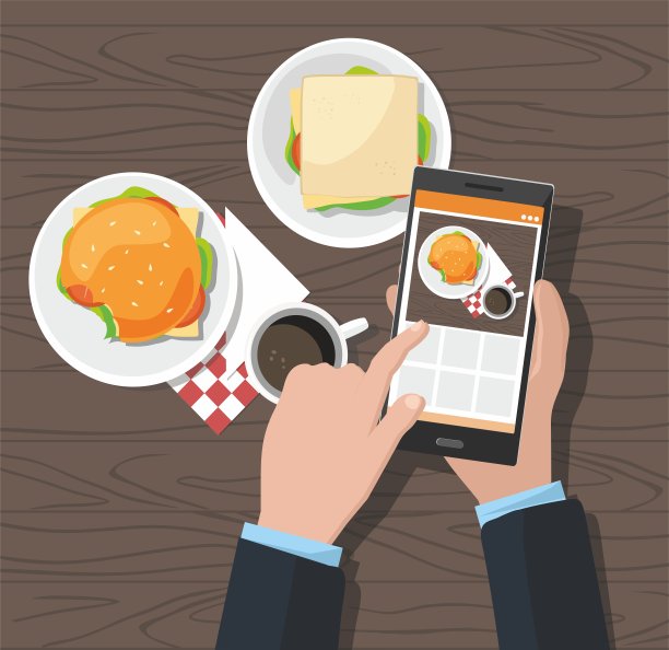 手机摄影的概念。一名男子正在用智能手机拍汉堡和咖啡图片下载