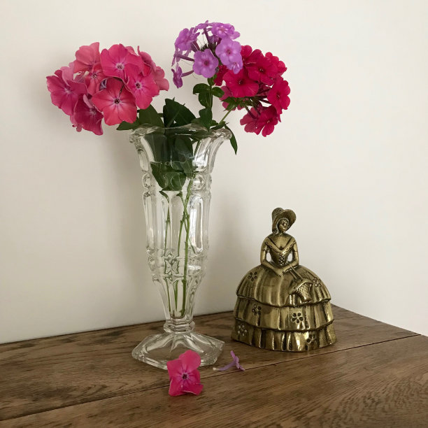 玻璃花瓶里装着福罗克斯的静物画，还有黄铜衬布的淑女钟图片下载