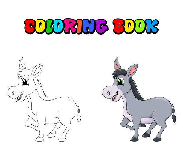 驴子卡通人物着色书矢量设计孤立在白色的背景图片下载