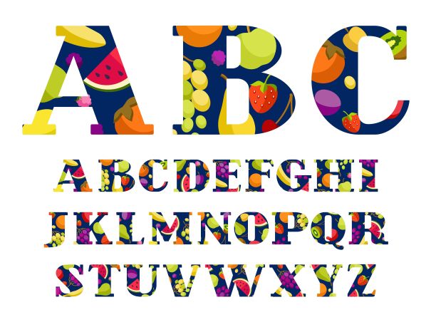 英文字体，水果和浆果，彩色，矢量。图片下载
