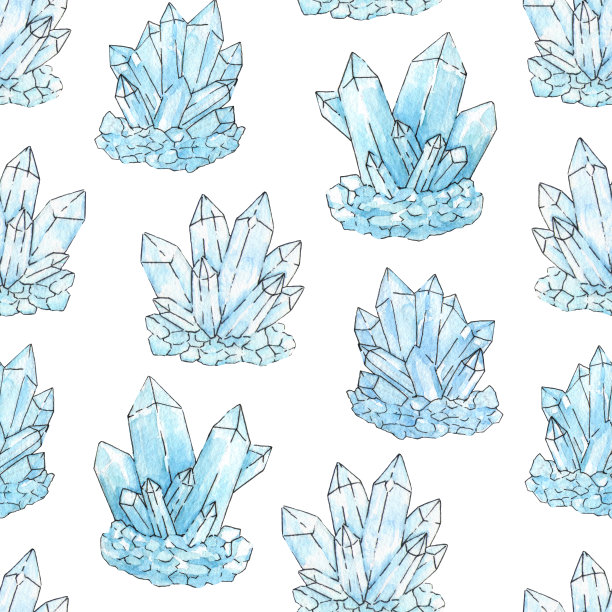 水彩和墨蓝色簇晶体无缝图案上的白色背景。手绘海蓝宝石矿物和宝石插图。图片下载