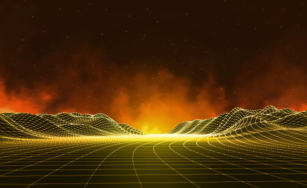 抽象的数字景观与粒子点和星在地平线上。线框景观背景。大数据，3d未来矢量图。80年代复古科幻背景图片下载