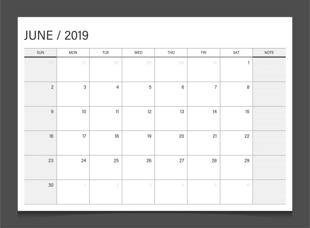 2019日历规划师6月周开始周日企业设计模板矢量。图片下载