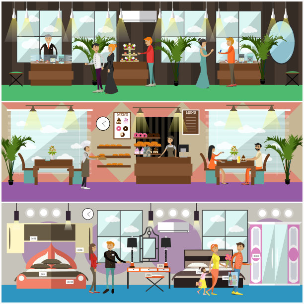 矢量组的商店概念海报，横幅在平面风格图片下载