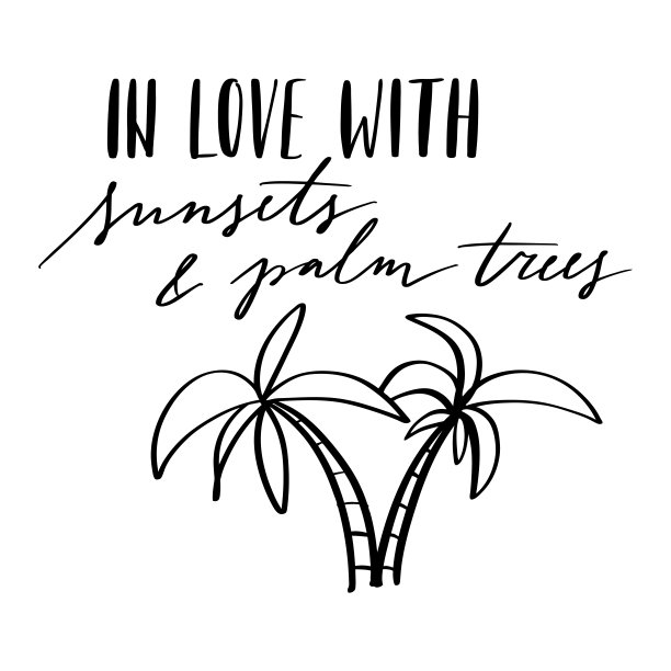 手绘字母孤立在白色的背景与文字:爱上日落和棕榈树。图片下载