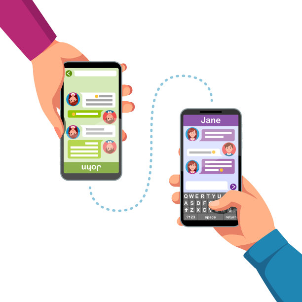 人们手握手机互相发短信。使用手机短信和短信聊天应用。现代在线短信交流。在虚拟键盘上打字。平面样式矢量剪贴画图片下载